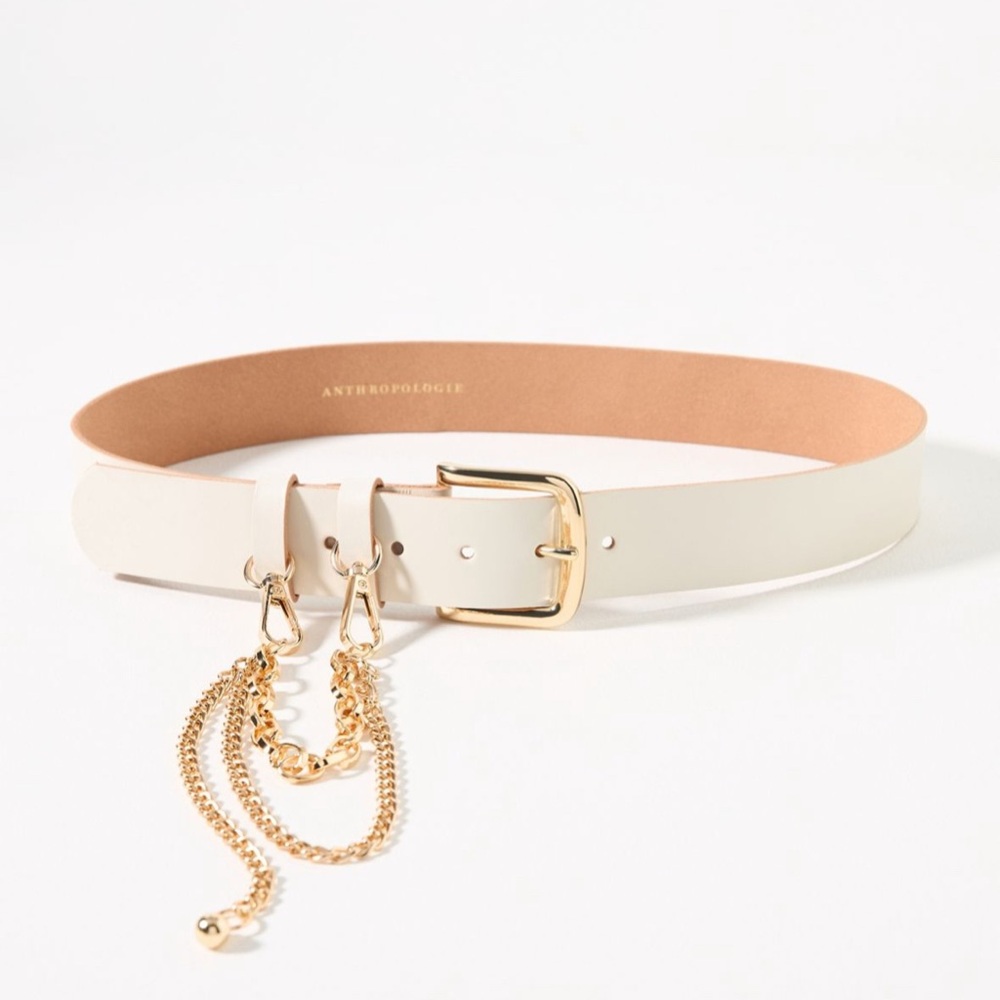 Anthropologie White Leather Belt with Detachable Chain NWT